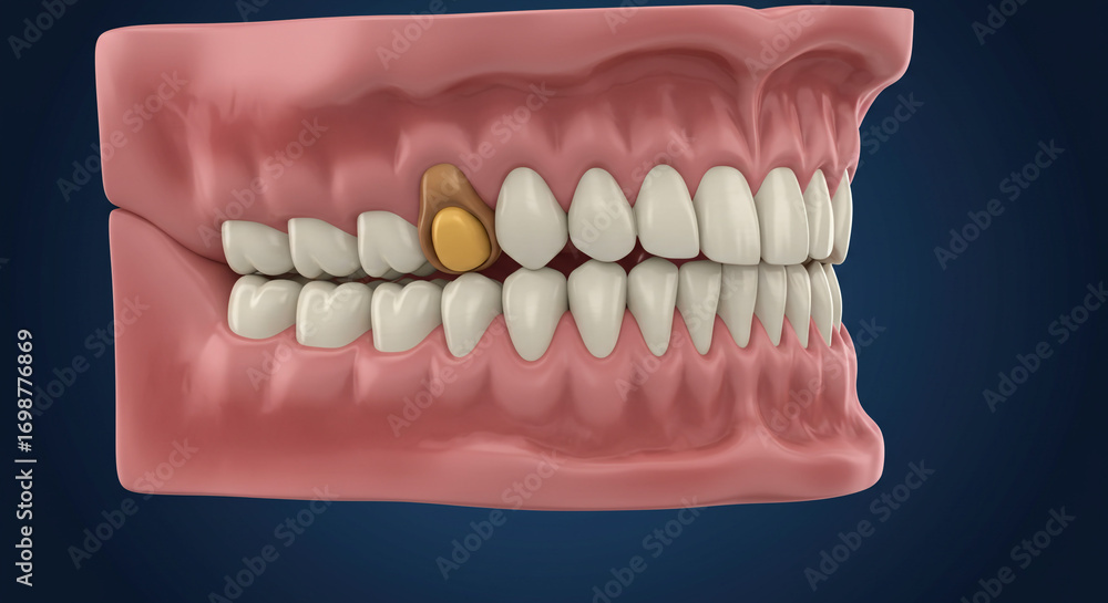 Fototapeta premium Stunning dental implant demonstration showcasing healthy white teeth alongside a missing tooth with a golden crown implant