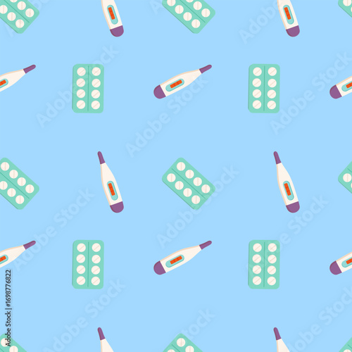 Vector seamless medical pattern on light blue with digital thermometers and blister tablets. Clean flat style for pharmacy packaging, healthcare branding, clinic wallpapers and flu-season visuals