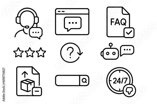 E-commerce Support Icons. Line style icons of customer support in e-commerce: headset icon with chat, live chat window, FAQ file,