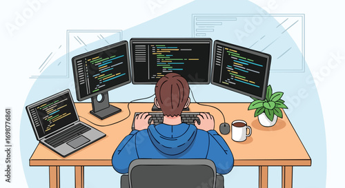 A Male Programmer Working on Multiple Screens from His Desk