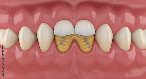 Visualizing severe plaque buildup and gingivitis between human teeth, highlighting dental health concerns and oral hygiene needs