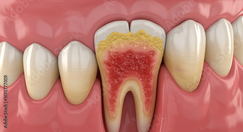 Painful inflamed gum disease showing infection and decay on tooth root, a serious dental health concern