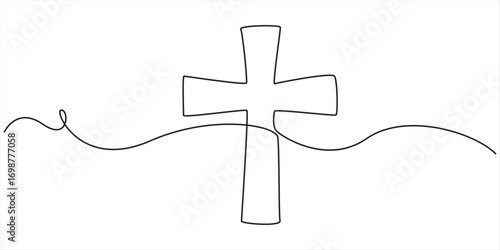Continuous line drawing of Christian cross. Religious cross one line icon. One line drawing background. Vector illustration. Cross black icon .