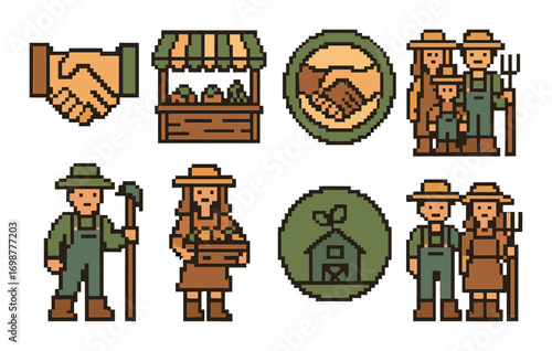 Pixel art of farmers and agriculture icons featuring diverse farming scenes
