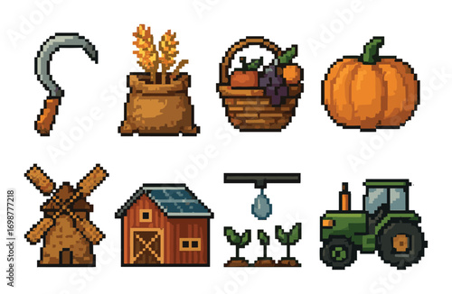 Pixel art harvest icons: farming tools, crops, and produce on yellow background