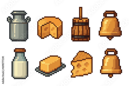 Pixel art dairy icons: milk, cheese, butter, and bells on a textured background