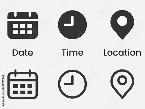 Date, Time, and Location Icon Set, Calendar, Clock, and Map, Editable stroke, vector, illustration
