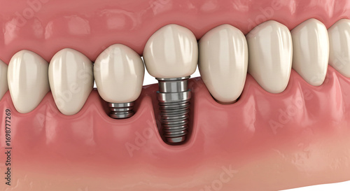 Close-up view of dental implant surgery procedure showing screw insertion into bone and tooth crown placement for smile restoration