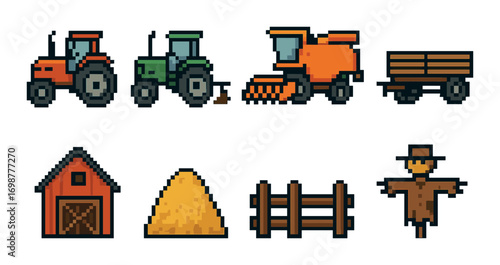 Pixel art farm equipment and structures with tractors and barn