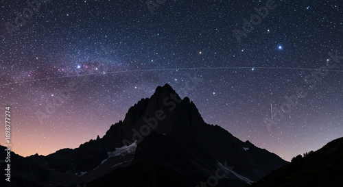 Majestic mountain peak silhouetted against a breathtaking starry night sky with vibrant nebula colors