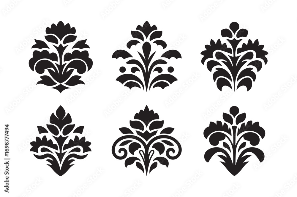 Fototapeta premium Collection of six elegant black damask floral motifs