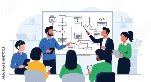 Business Professionals Discussing a Workflow Diagram During a Meeting