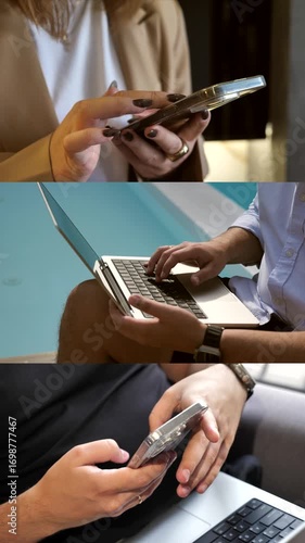 man typing text on laptop, remote work, computer and freelance writer. reading message and browsing news on internet on smartphone. collage,multiscreen