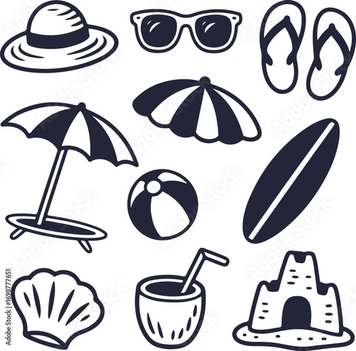 Summer Beach Holiday Icons Set Beachwear, Umbrella, Ball, Surfboard and Sandcastle