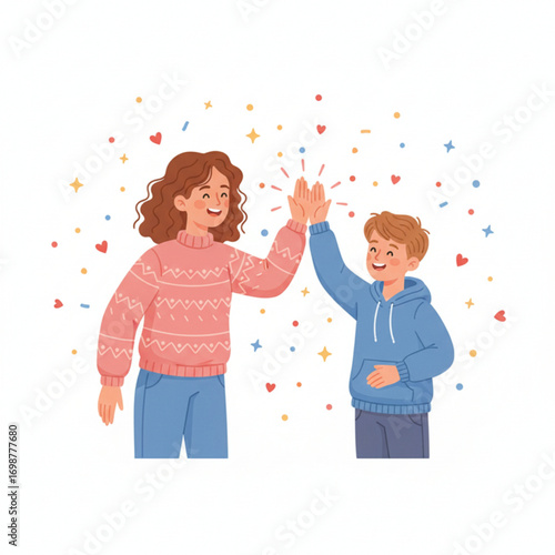 A teacher and a male student are sharing a high-five, celebrating a moment of achievement or encouragement.