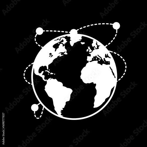A stylized white globe with dotted network lines on a black background symbolizes global collaboration, digital communication, and international teamwork. It is ideal for presentations on technology, 