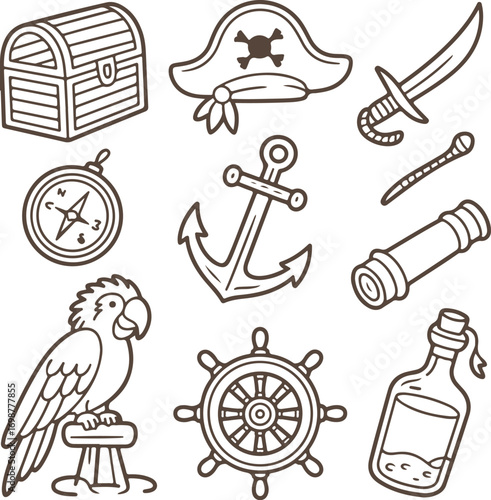 Set of hand-drawn pirate adventure icons and nautical symbols vector illustration
