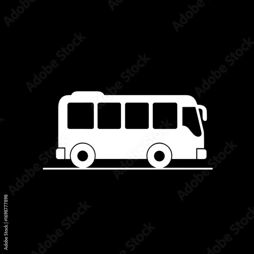 A white silhouette on a black background of a public bus icon, symbolizing urban transportation, commuting, and sustainable mobility. Useful for urban planning, travel, and environmental projects.