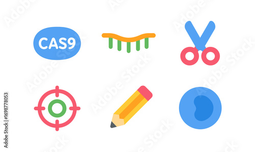 Colorful genome editing tools set with cas9 enzyme and crispr symbols