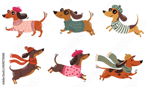 A set of flat vector illustrations in a childlike style. Cute dachshunds run and jump wearing different sweaters, hats, glasses, and berets. . Vector illustration