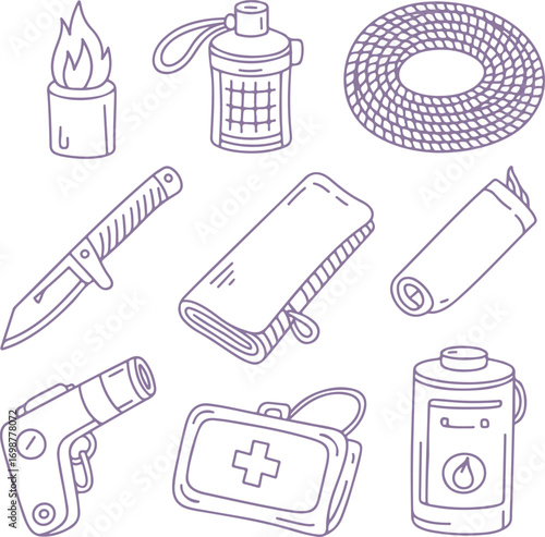 Hand-drawn doodle set of essential outdoor survival and camping equipment for adventurers and hikers
