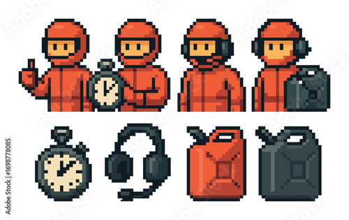 Retro pixel art race crew with equipment including timer, headset, and fuel cans