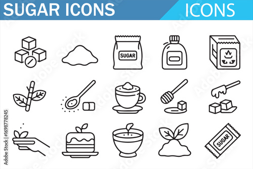 Vector sugar cubes and sweetener packaging outline icon set for nutrition design