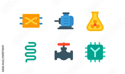 Colorful flat icons of industrial equipment and laboratory tools