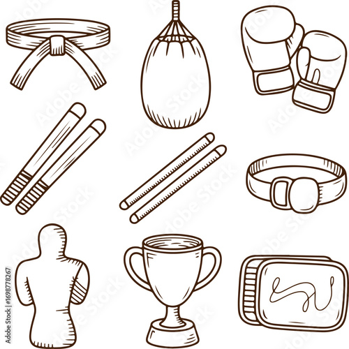 Hand-drawn doodle set of martial arts and boxing equipment for training and competition