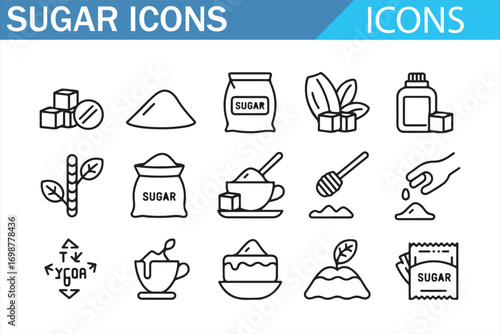 Sugar icons set vector illustration with cubes, bags, spoons, and sweetener packaging