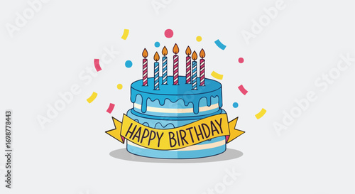 A Blue Two-Tier Birthday Cake with Lit Candles and a "Happy Birthday" Banner