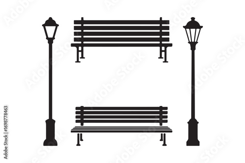 Park benches and street lamps silhouette design