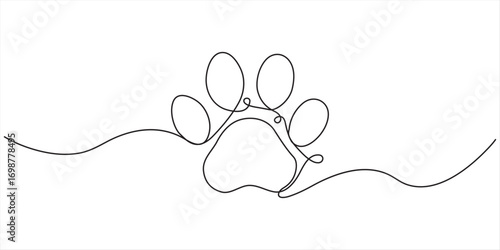 Continuous one line drawing of a animal paw pad, One line drawing of a dog paw print in minimalist vector outline style, isolated on white background.