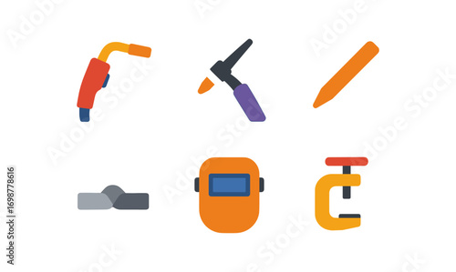Flat welding tools icons: torch, electrode holder, safety gear, c clamp