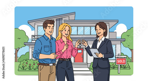 A Real Estate Agent Gives the Keys to a New Home to a Happy Couple