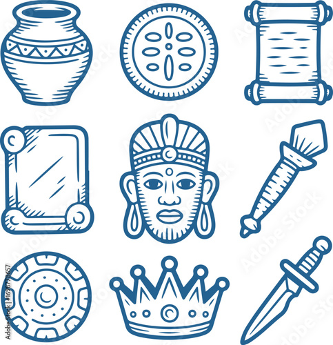 Collection of ancient artifacts and royalty symbols including a vase, shield, scroll, and crown