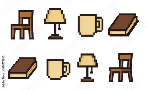 Pixel art furniture and objects: chairs, lamps, mugs, books on yellow background