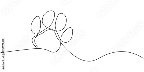 Continuous one line drawing of a animal paw pad, One line drawing of a dog paw print in minimalist vector outline style, isolated on white background.