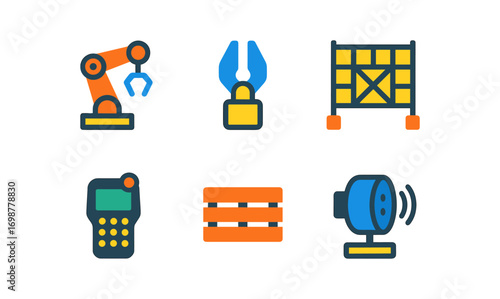 Modern industrial icons: automation, robotics, warehouse, technology