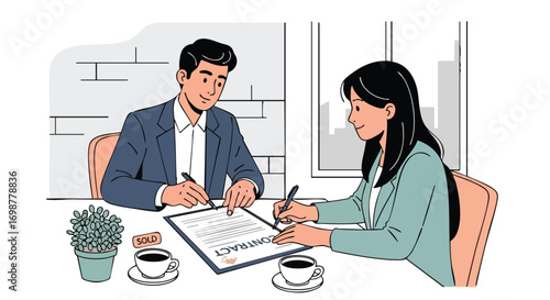 A Young Woman Signs a Real Estate Contract with a Real Estate Agent