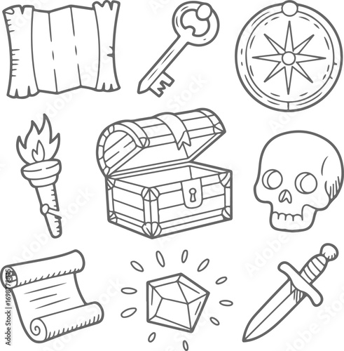 Classic pirate treasure hunting adventure icon set in a simple hand-drawn doodle style