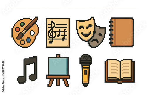 Pixel art icons: palette, music notes, theater masks, notebook, music note, easel, microphone, open book