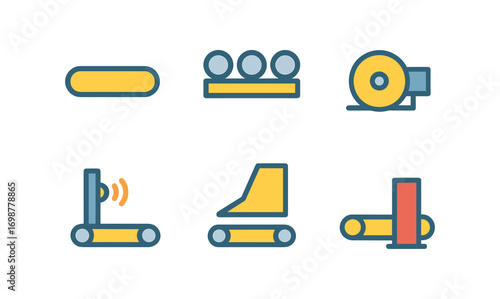 Flat style conveyor and industrial equipment icons collection