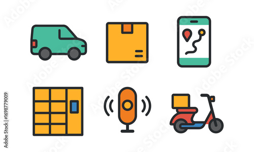 Delivery and logistics icons set featuring van, package, mobile tracking, locker, microphone, and scooty