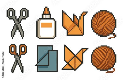 Pixel art craft tools and origami designs with scissors glue and yarn