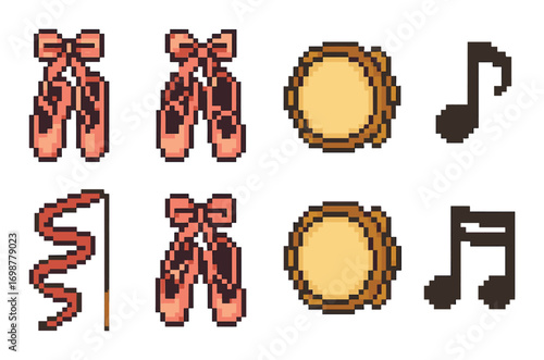 Pixel art ballet shoes tambourine and music note icons on yellow background