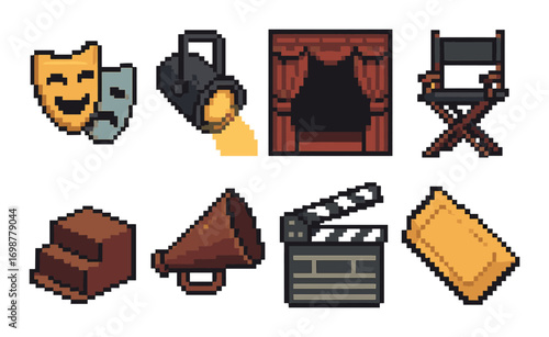 Pixel art theater icons: masks, spotlight, stage, director's chair, megaphone, clapperboard, ticket