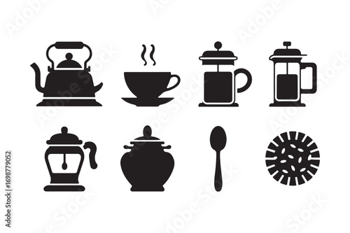 Collection of black silhouettes of tea and coffee making utensils