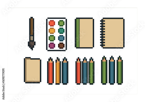 Pixel art school supplies with notebooks, paints, and pencils on olive background