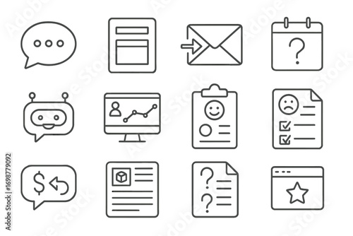 Customer Service Icons. Line style icons of customer service tools: live chat bubble, support ticket form, email response icon,